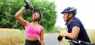 Steve Q watches as his girlfriend Zuzu Cute wins the race and then lustfully sucks his cock on the trail!